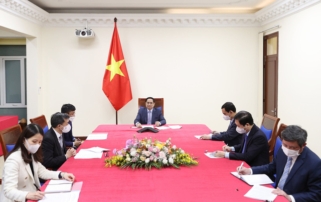 Thủ tướng Chính phủ Phạm Minh Chính đã điện đàm với ông Albert Bourla, Chủ tịch kiêm Giám đốc điều hành Tập đoàn Pfizer. (Ảnh: VGP)