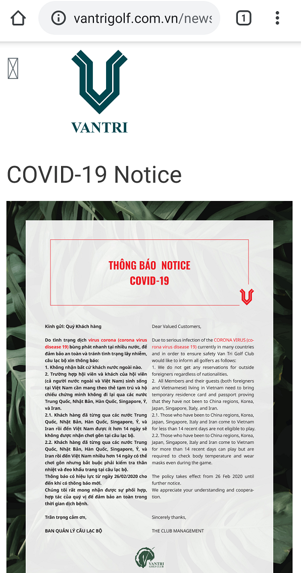 Trước đó, câu lạc bộ Sân Golf Vân Trì cũng đã ra thông báo về quy định đối với khách hàng nhằm tránh lây lan dịch bệnh do Covid-19.