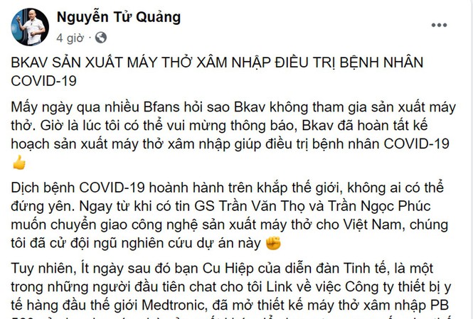 Ông Nguyễn Tử Quảng - Tổng giám đốc Tập đoàn Bkav viết trên Facebook cá nhân của mình.