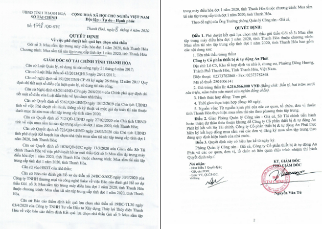 Quyết định phê duyệt kết quả lựa chọn nhà thầu do ông Nguyễn Văn Tứ, Phó giám đốc Sở Tài chính Thanh Hóa ký ngày 8/4/2020.