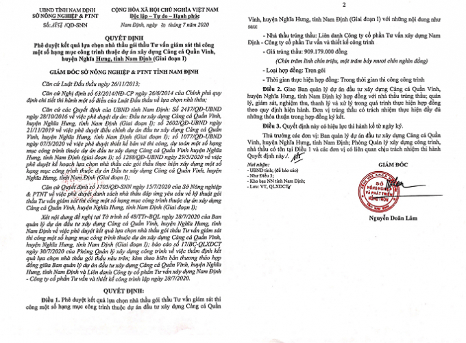 Quyết định phê duyệt kết quả lựa chọn nhà thầu gói Tư vấn giám sát thi công do ông Nguyễn Doãn Lâm ký.
