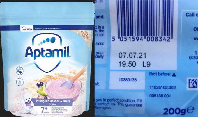 Sản phẩm bột ngũ cốc Aptamil cho trẻ trên 7 tháng tuổi bị thu hồi. (Ảnh: Internet)