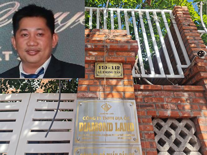 Bị can Nguyễn Quang Bình (ảnh nhỏ) bị bắt tạm giam trưa 3/2. Trụ sở công ty TNHH địa ốc Diamond Land do Nguyễn Quang Bình làm Giám đốc đã đóng cửa. (Ảnh: CQCA)