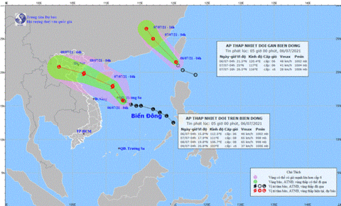 Hướng và thời gian di chuyển dự báo của áp thấp nhiệt đới. Nguồn: TTDBKTTV Quốc gia.