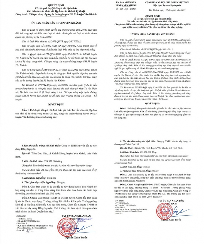Quyết định phê duyệt kết quả chỉ định thầu do ông Nguyễn Xuân Tuyển chủ tịch UBND huyện Yên Khánh kí.