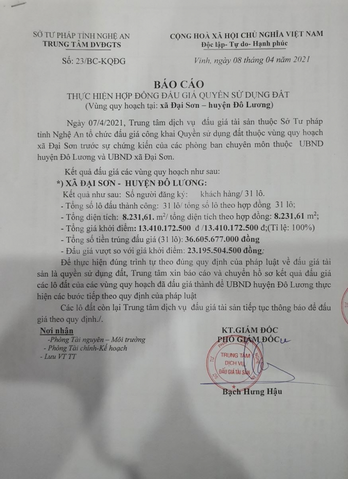Báo cáo này được gửi cho phòng Tài chính - Kế hoạch và phòng Tài nguyên và Môi trường huyện Đô Lương, nhưng có cán bộ nào phát hiện ra sự bất thường về lô B1 và B2?