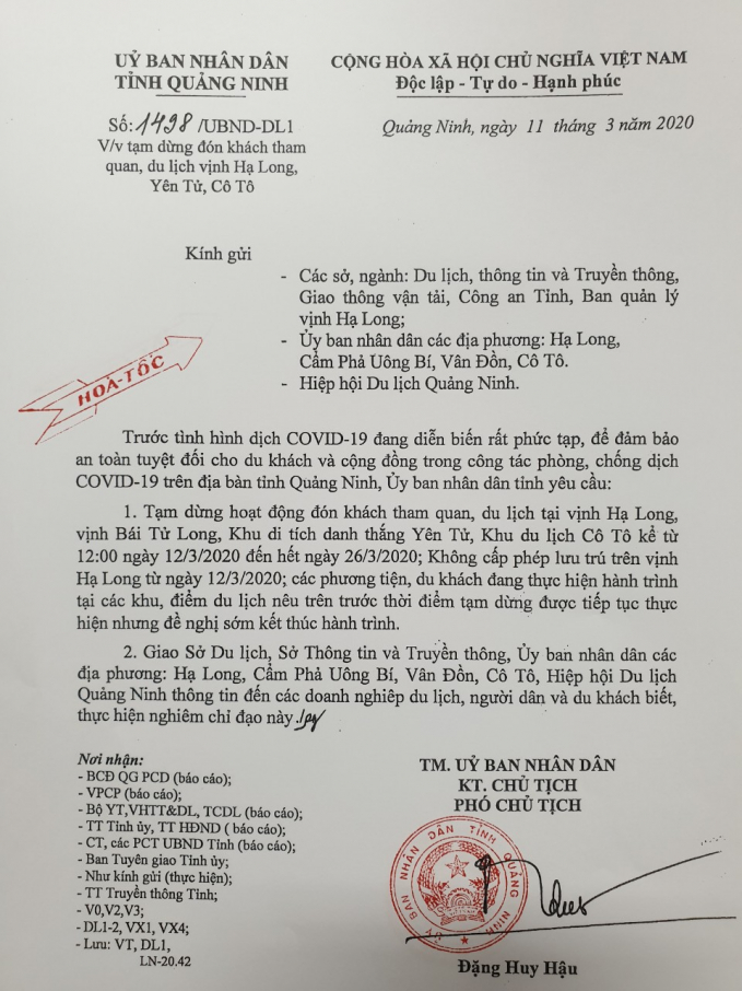 Công văn hỏa tốc của UBND tỉnh Quảng Ninh yêu cầu tạm dừng đón khách tại nhiều địa điểm du lịch nổi tiếng để phòng dịch.