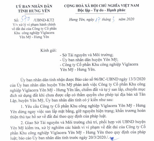 Hưng Yên đề nghị xử lý sai phạm tại Khu công nghiệp Viglacera Yên Mỹ