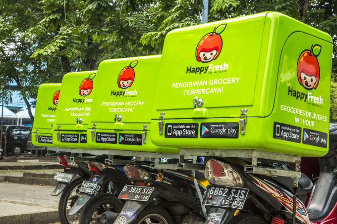 Những xe chở thực phẩm tươi sống của công ty Happy Fresh tại Indonesia. Ảnh: Techcrunch