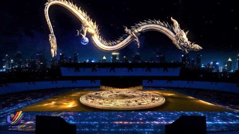 A laser light performance delivered to those who watch the ceremony online. Photo courtesy of Vietnam News Agency.