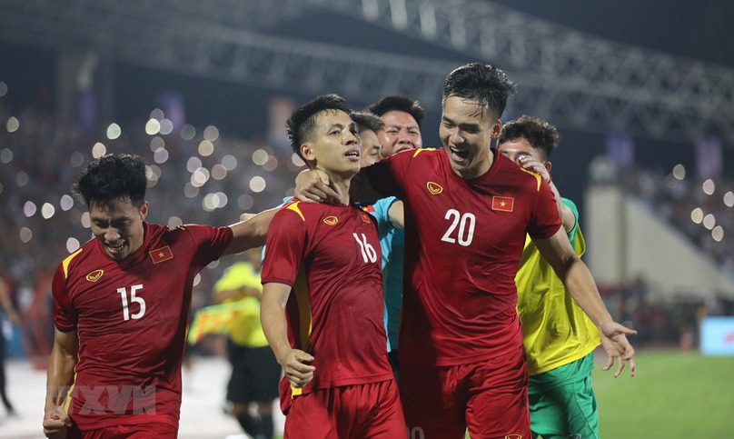 Vietnamese players cheer after scoring a goal in the match against Myanmar on May 13, 2022. Photo coutersy of Vietnam News Agency.