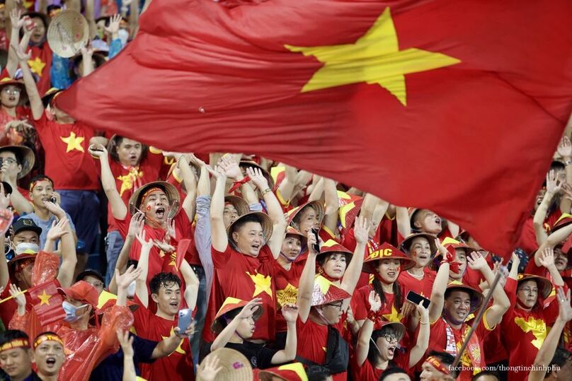Vietnamese fans are excited at Vietnam's SEA Games 31 men's football victory at My Dinh Stadium in Hanoi on May 22, 2022. Photo courtesy of the government's portal.