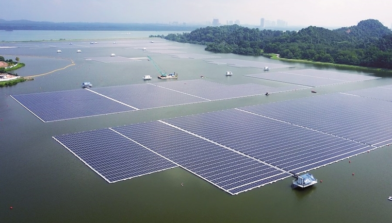 An aerial view of Sembcorp Tengeh floating solar farm, Singapore's first large-scale floating solar photovoltaic (PV) system. Photo courtesy of Sembcorp Industries.