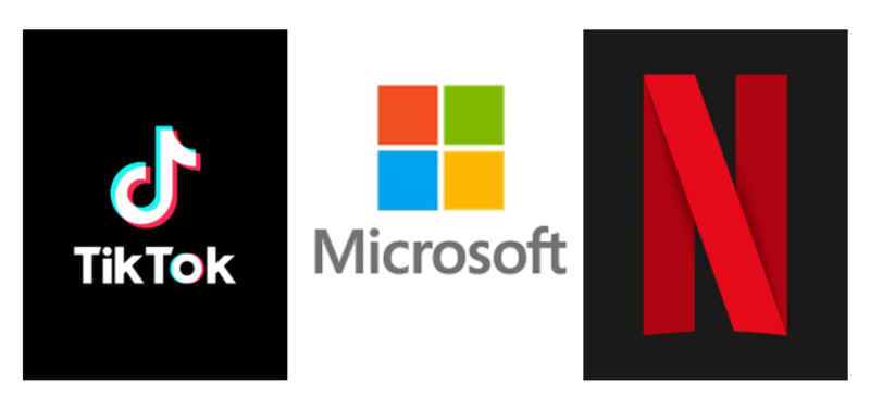Logos of Tik Tok, Microsoft, and Netflix. Photo courtesy of the companies.