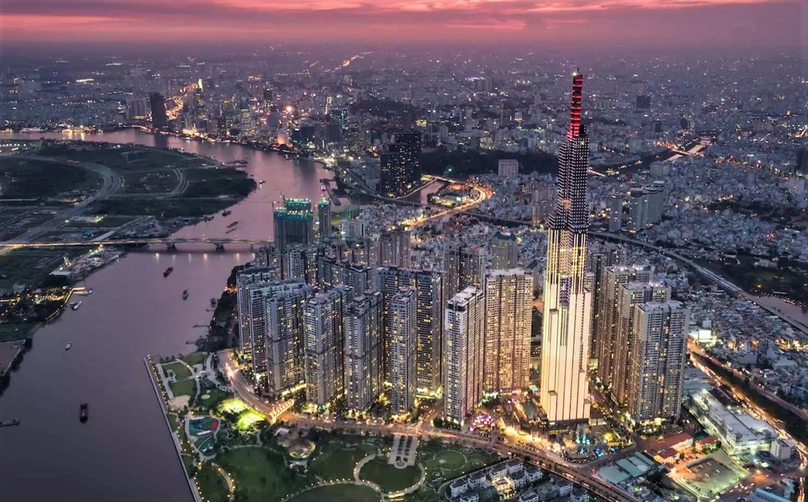 The Vinpearl Luxury Landmark hotel is in a 461-meter tower (the tallest in the picture) on the banks of Saigon River in Ho Chi Minh City. Photo courtesy of Vinpearl.