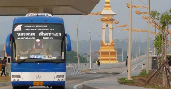 A bus operates between Nakhon Phanom province (Thailand) and Thakhek town (Laos). Photo courtesy of Thai Ministry of Transport.