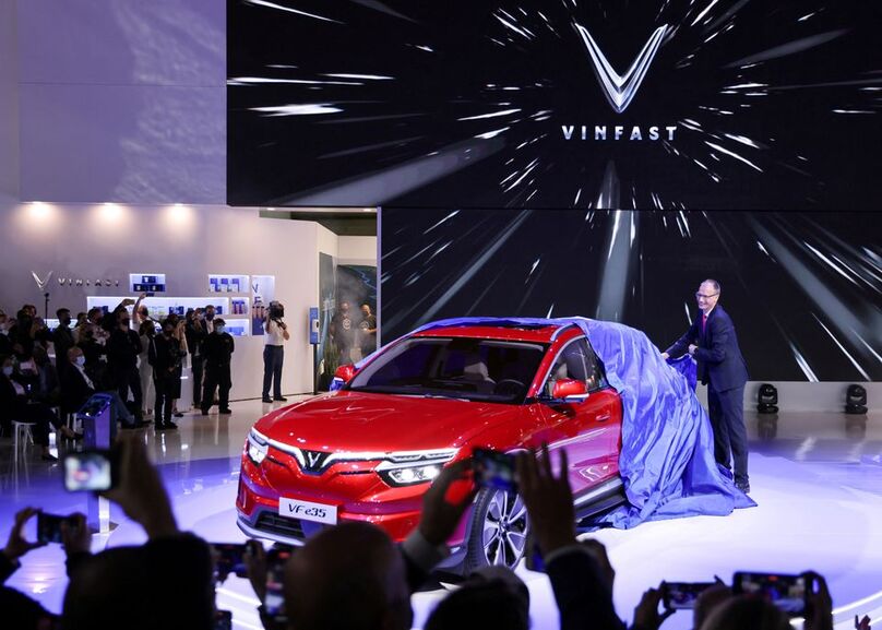 VinFast Global CEO Michael Lohscheller unveils the VinFast E35 SUV during the 2021 LA Auto Show in Los Angeles, California, U.S. Photo courtesy of the firm.
