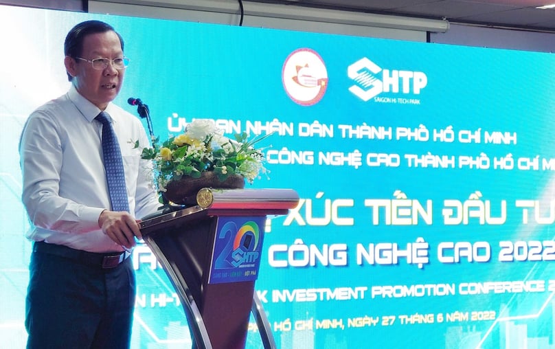 Ho Chi Minh City Chairman Phan Van Mai speaks at an SHTP investment promotion conference in the city on June 27, 2022. Photo by The Investor/Tuong Thuy.