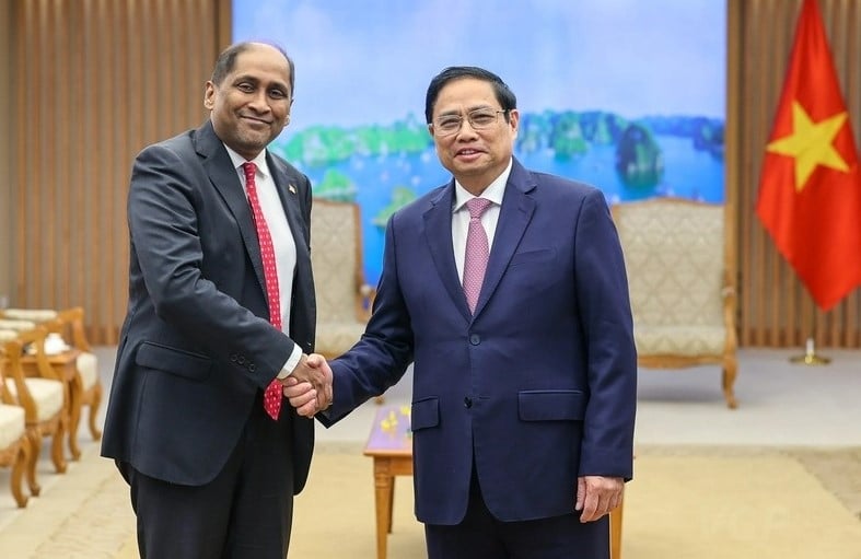 Vietnam’s Prime Minister Pham Minh Chinh (R) meets with Singaporean Ambassador Jaya Ratnam in Hanoi on August 2, 2022. Photo courtesy of the Vietnamese Government’s portal.