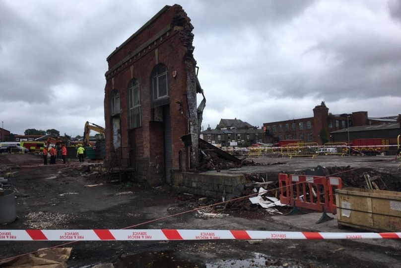 The scene of the factory fire on Bower street, Oldham town, England. Photo courtesy of Oldham Times.