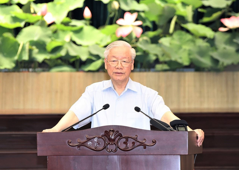 Party General Secretary Nguyen Phu Trong at a meeting with HCMC authorities in the city on September 23, 2022. Photo courtesy of Vietnam News Agency.