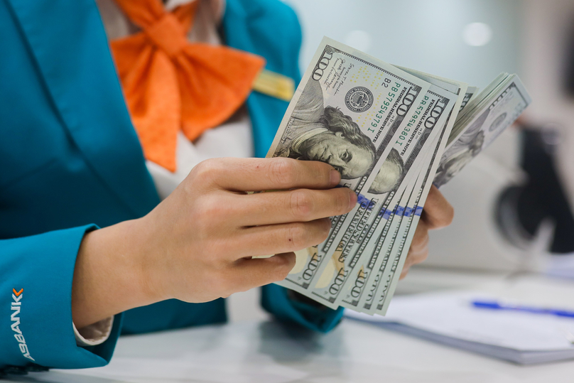 A teller counts dollars at an ABBank branch in Hanoi. Photo by The Investor/Trong Hieu.