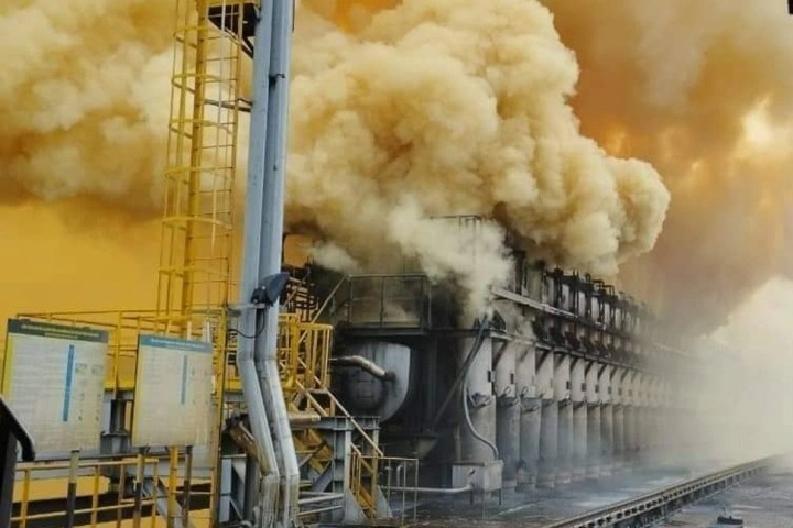 Yellow smoke billows from the Formosa Ha Tinh factory in the eponymous province on October 22, 2022.