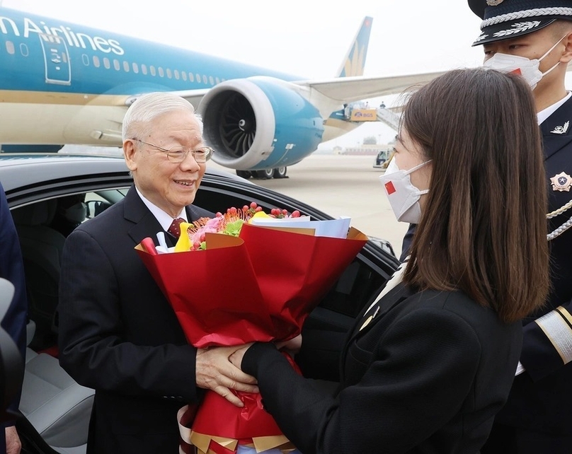 General Secretary Nguyen Phu Trong at Beijing International Airport on October 30, 2022 on his official visit to China. Photo courtesy of Vietnam News Agency (VNA)