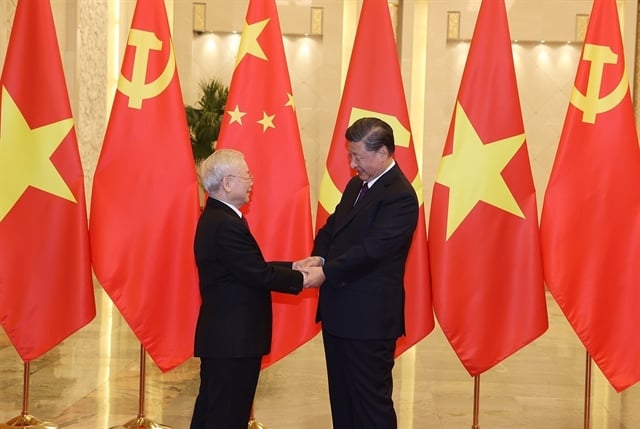 Vietnam's General Secretary Nguyen Phu Trong (left) and General Secretary, President of China Xi Jinping meets on October 31, 2022 in Beijing for official talks. Photo courtesy of Vietnam News Agency (VNA).