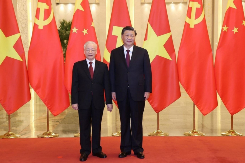 Vietnamese Party General Secretary Nguyen Phu Trong (left) and Party General Secretary and President of China Xi Jinping at the Great Hall of the People in Beijing on October 31, 2022. Photo courtesy of Vietnam News Agency.