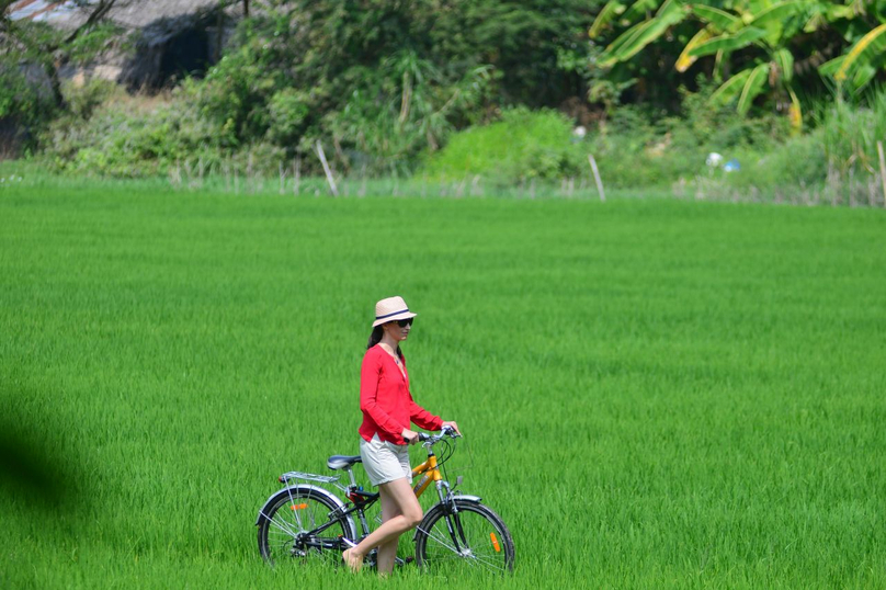 A foreign tourist visits a rice field in Vietnam’s Mekong Delta. Photo courtesy of Victoria Hotels & Resorts.