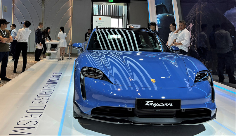 Taycan, Porsche’s first all-electric car, on display at GEFE 2022 in Ho Chi Minh City. Photo by The Investor/Tuong Thuy.