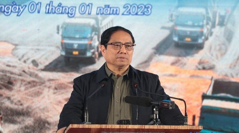 PM Pham Minh Chinh speaks at a ceremony to kick off the contruction of North-South Expressway eastern section phase 2 on January 1, 2022. Photo by The Investor/Thanh Van.