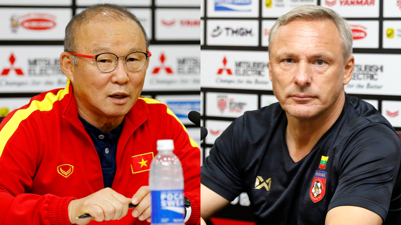 Vietnam coach Park Hang-seo (L) and Myanmar coach Antoine Hey before their January 3, 2023 match. Photo courtesy of Asean Football Federation.