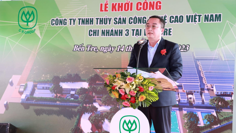 C.P. Vietnam executive vice president Adisak Torsakul speaks at the groundbreaking ceremony of the factory in Ben Tre province, Vietnam's Mekong Delta on January 14, 2023. Photo courtesy of C.P. Vietnam.