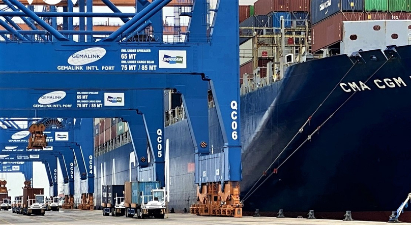 Trucks carry goods at Gemalink International Port in Phu My town, Ba Ria-Vung Tau province, southern Vietnam. Photo courtesy of Voice of Vietnam.