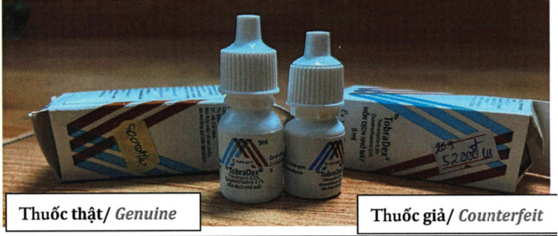 The genuine eye drop bottle (left) and the counterfeit one. Photo courtesy of the Drug Administration of Vietnam.