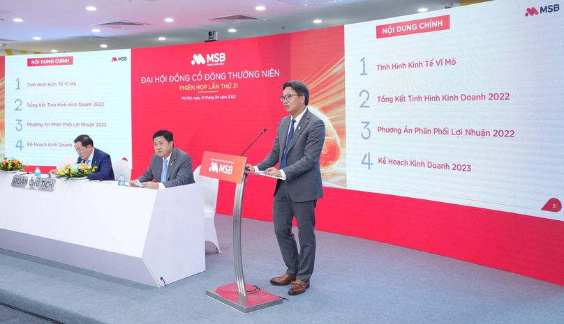 MSB general director Nguyen Hoang Linh speaks at the bank's annual general meeting of shareholders on April 21, 2023. Photo courtesy of the bank.
