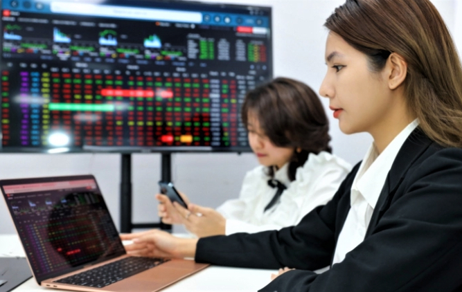 Two investors observe stock prices in Vietnam. Photo courtesy of VietnamFinance magazine.