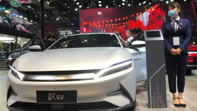 BYD’s Han electric car, displayed at the 2021 Shanghai auto show, is one of the most popular new energy vehicles in China. Photo courtesy of BYD. 