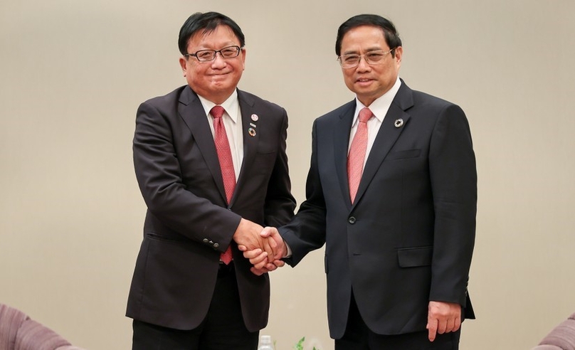 Vietnamese PM Pham Minh Chinh meets with Sojitz Corporation CEO Masayoshi Fujimoto in Hiroshima on May 19, 2023. Photo courtesy of Vietnam's government portal.