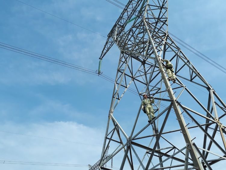 Workers examine an electricity transmission line. Photo courtesy of VietNamNet.