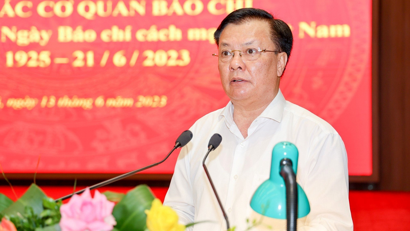 Dinh Tien Dung, Secretary of Hanoi's Party Committee, speaks at a meeting with the press in the capital city on June 13, 2023. Photo courtesy of Young People newspaper.