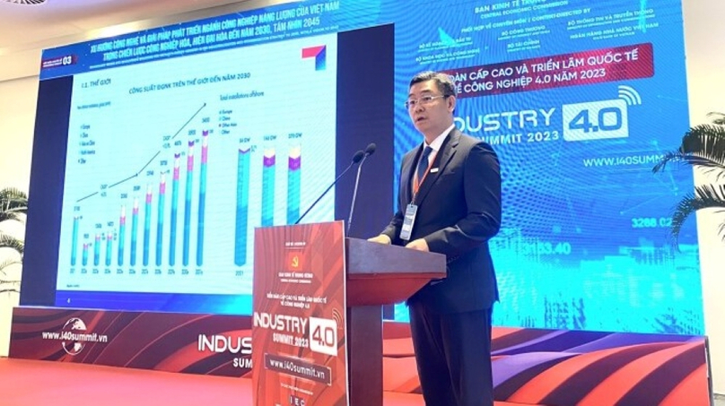 Le Manh Cuong, CEO of PTSC - a subsidiary of state-owned Petrovietnam, speaks at the Industry 4.0 Summit 2023 in Hanoi on June 14, 2023. Photo courtesy of VietnamBiz news website.