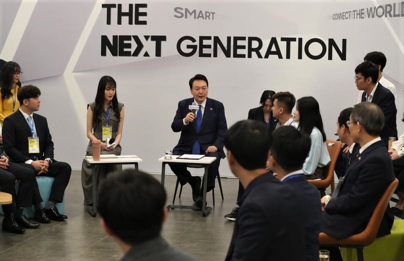 South Korea’s President Yoon Suk Yeol speaks at the digital future generation of South Korea and Vietnam held at the Samsung Electronics R&D Center in Hanoi on June 24, 2023. Photo courtesy of Yonhap.