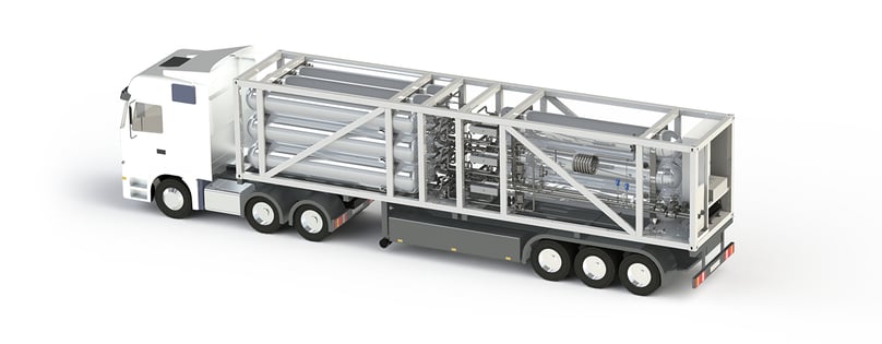  An artist’s impression of a Hydrexia metal hydride trailer, which serves hydrogen storage. Photo courtesy of Hydrexia.