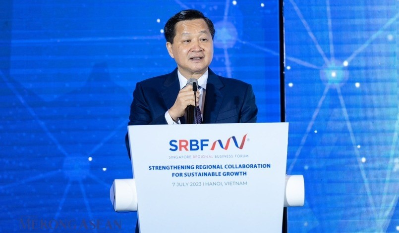 Deputy Prime Minister Le Minh Khai addresses the Singapore Regional Business Forum in Hanoi on July 7, 2023. Photo courtesy of SBRF.