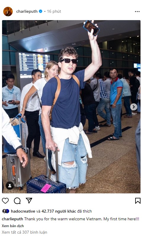 Charlie Puth tweets his arrival in Nha Trang, central Vietnam.