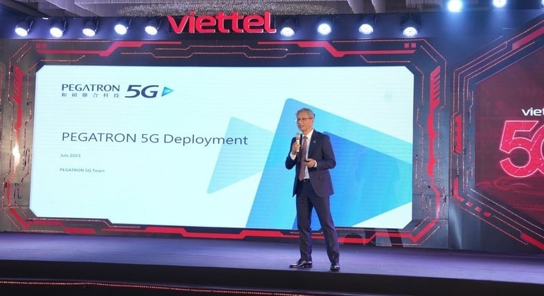 A representative of Pegatron speaks at the factory's 5G deployment ceremony in Hai Phong city, northern Vietnam, July 20, 2023. Photo courtesy of Vietnam News Agency.
