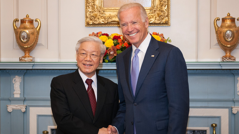 Vietnam's General Secretary Nguyen Phu Trong (left) and then U.S. Vice President Joe Biden, now President, at a meeting in Washington D.C. on July 7, 2015. Photo courtesy of the U.S. State Department.